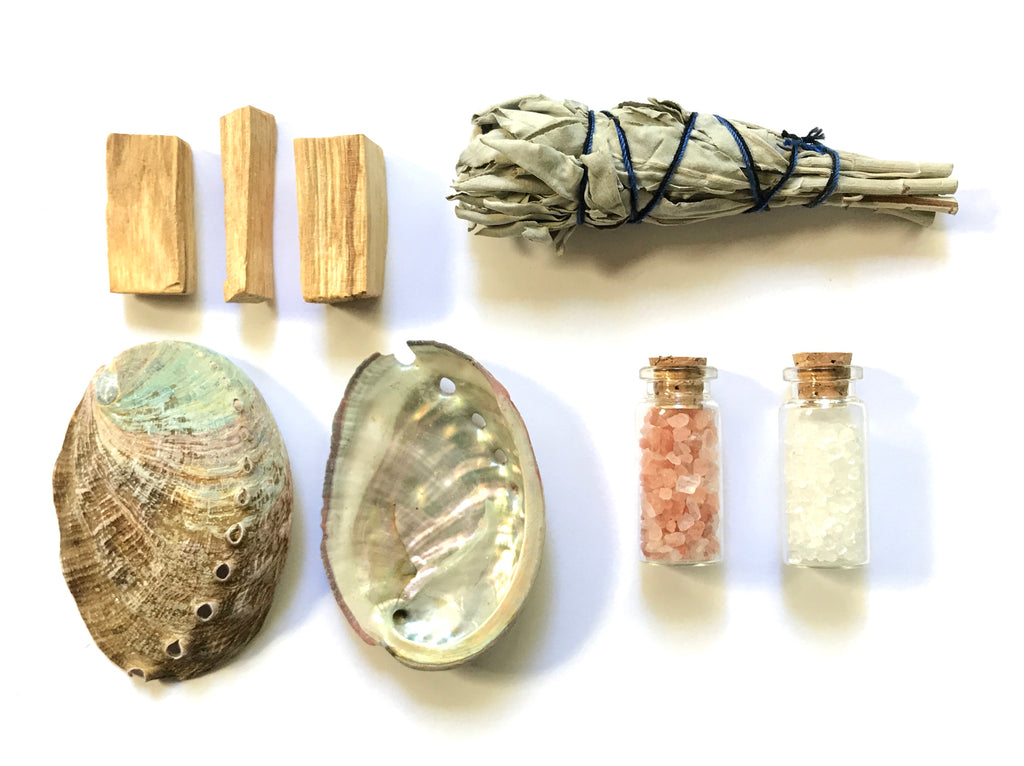 SMUDGE and CLEARING Set -- palo santo wood, sage, abalone shell, sea salt - smudging set, clearing tools, house warming