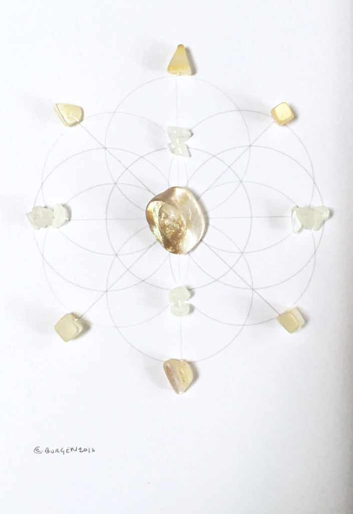 UNION OF SOULS  -- framed crystal grid -- moonstone, pearl, sacred geometry