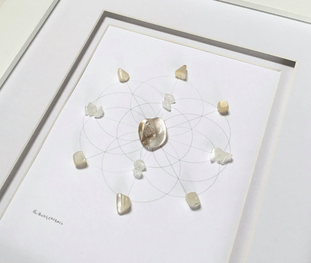 UNION OF SOULS  -- framed crystal grid -- moonstone, pearl, sacred geometry